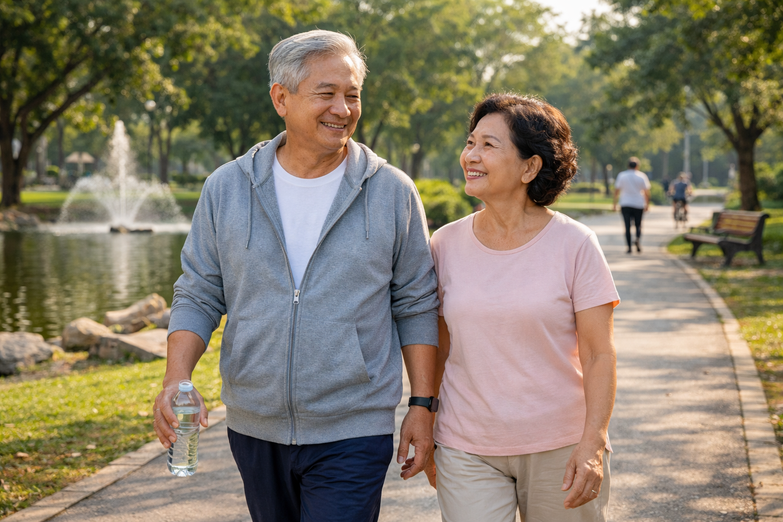 Người cao tuổi đi bộ nhẹ nhàng trong công viên để ổn định đường huyết tại nhà